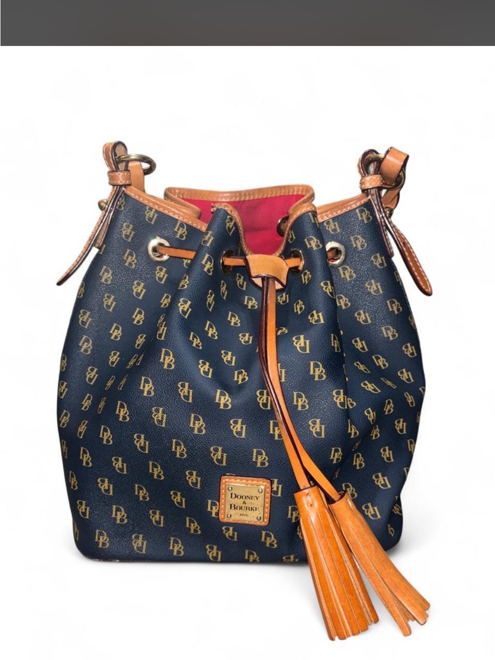 Dooney & Bourke Navy Drawstring Bucket Bag with Brown Trim